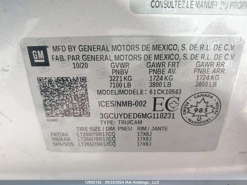 2021 Chevrolet Silverado K1500 Lt VIN: 3GCUYDED6MG118231 Lot: 12082182