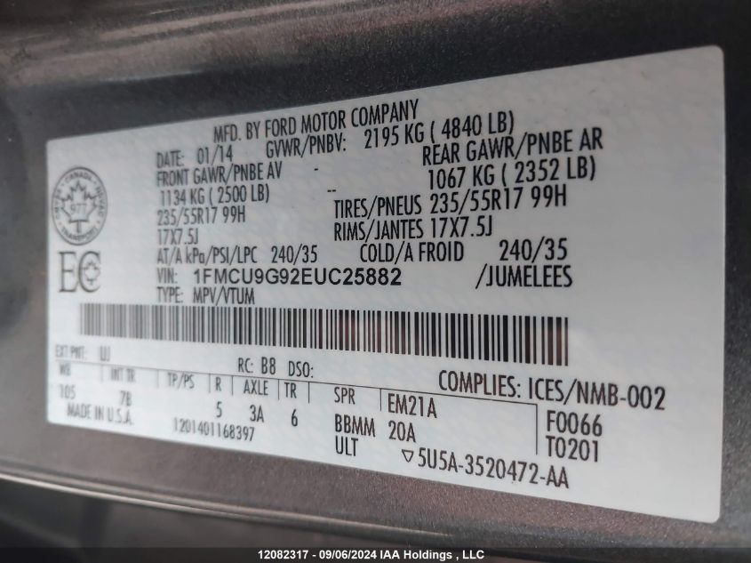 1FMCU9G92EUC25882 2014 Ford Escape Se