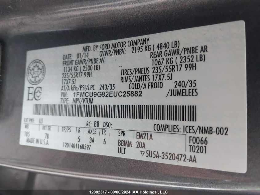 1FMCU9G92EUC25882 2014 Ford Escape Se