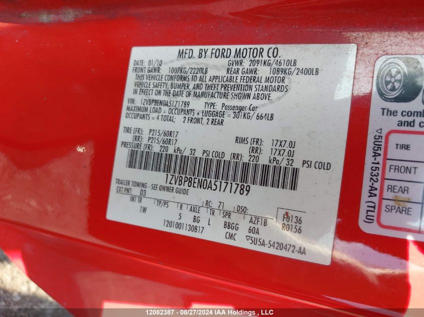 2010 Ford Mustang VIN: 1ZVBP8EN0A5171789 Lot: 12082387