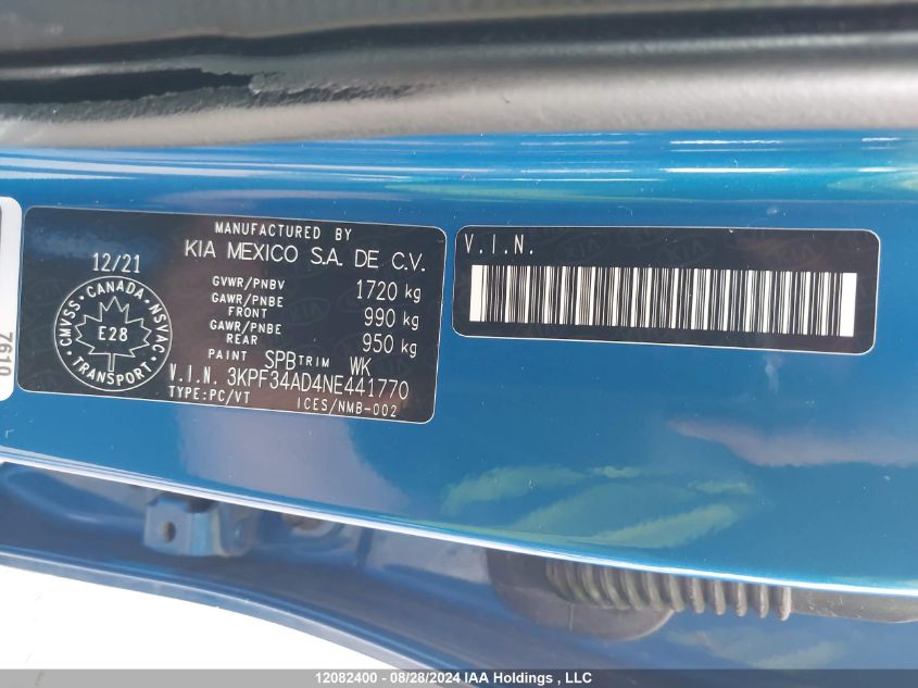 2022 Kia Forte VIN: 3KPF34AD4NE441770 Lot: 12082400