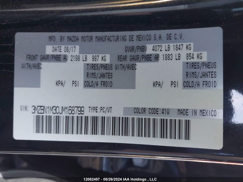 2018 Mazda Mazda3 Sport VIN: 3MZBN1M30JM168799 Lot: 12082457