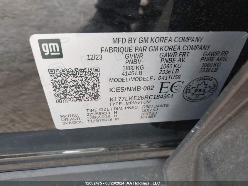 2024 Chevrolet Trax VIN: KL77LKE26RC184364 Lot: 12082475