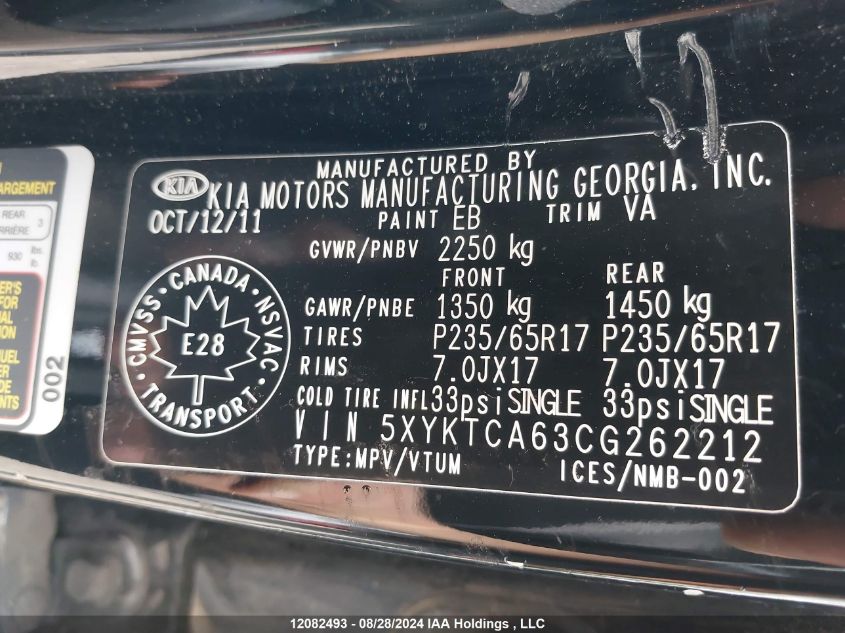 2012 Kia Sorento VIN: 5XYKTCA63CG262212 Lot: 12082493