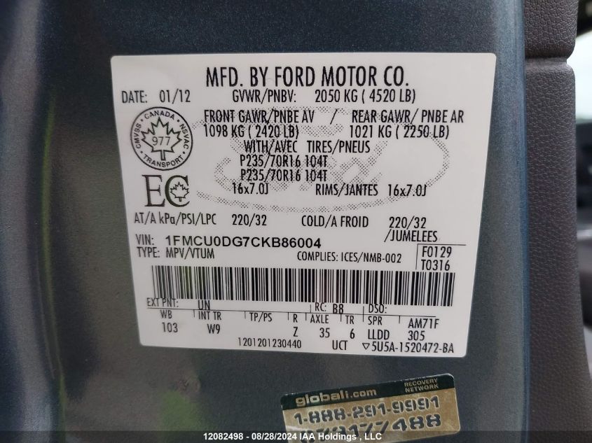 2012 Ford Escape Xlt VIN: 1FMCU0DG7CKB86004 Lot: 12082498