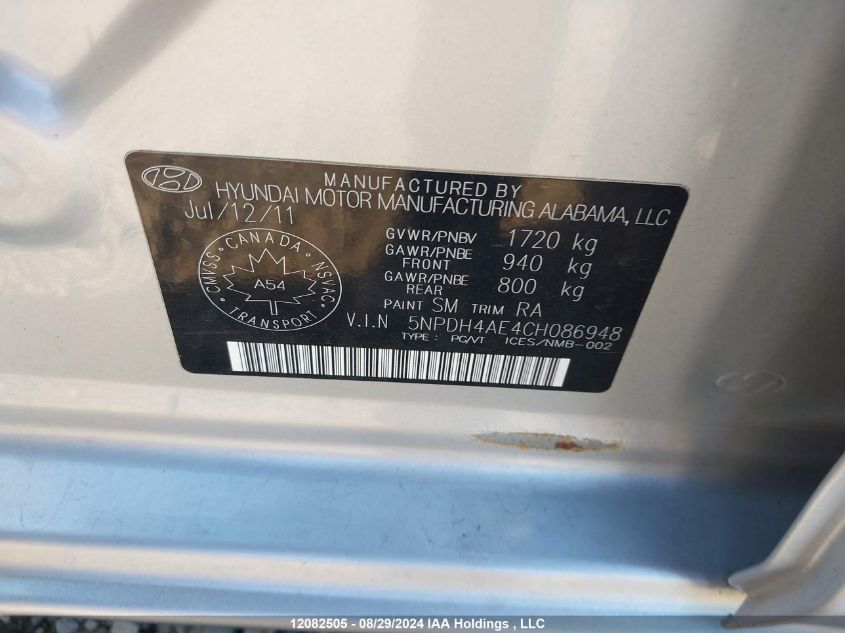 2012 Hyundai Elantra Gls/Limited VIN: 5NPDH4AE4CH086948 Lot: 12082505