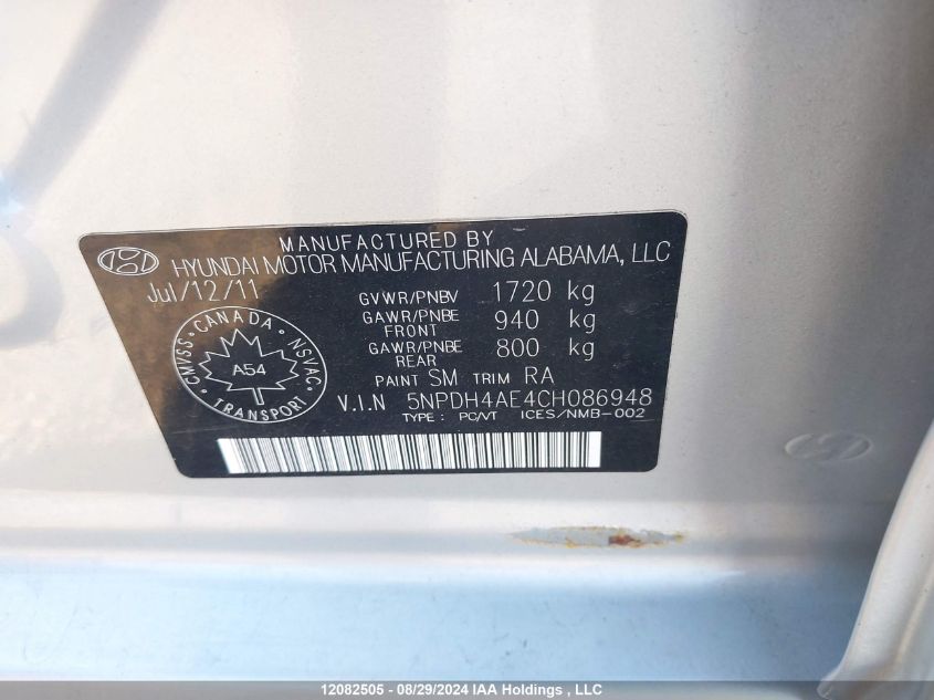 2012 Hyundai Elantra Gls/Limited VIN: 5NPDH4AE4CH086948 Lot: 12082505