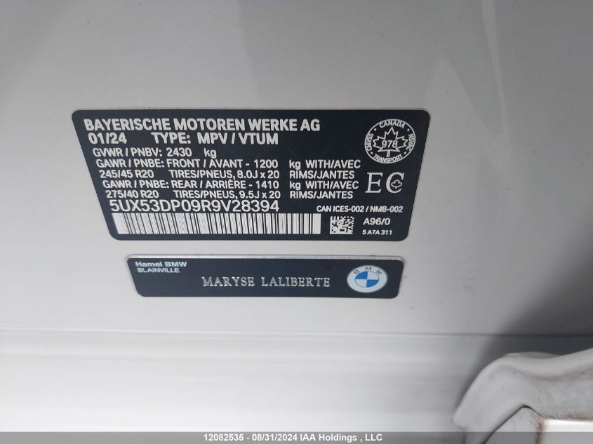 2024 BMW X3 3.0I VIN: 5UX53DP09R9V28394 Lot: 12082535