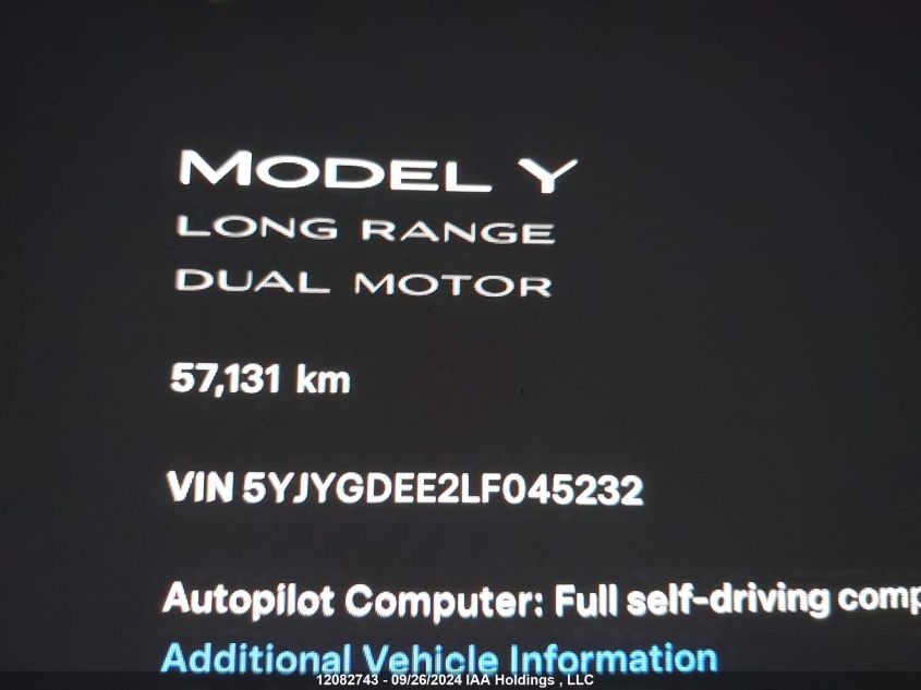 2020 Tesla Model Y VIN: 5YJYGDEE2LF045232 Lot: 12082743