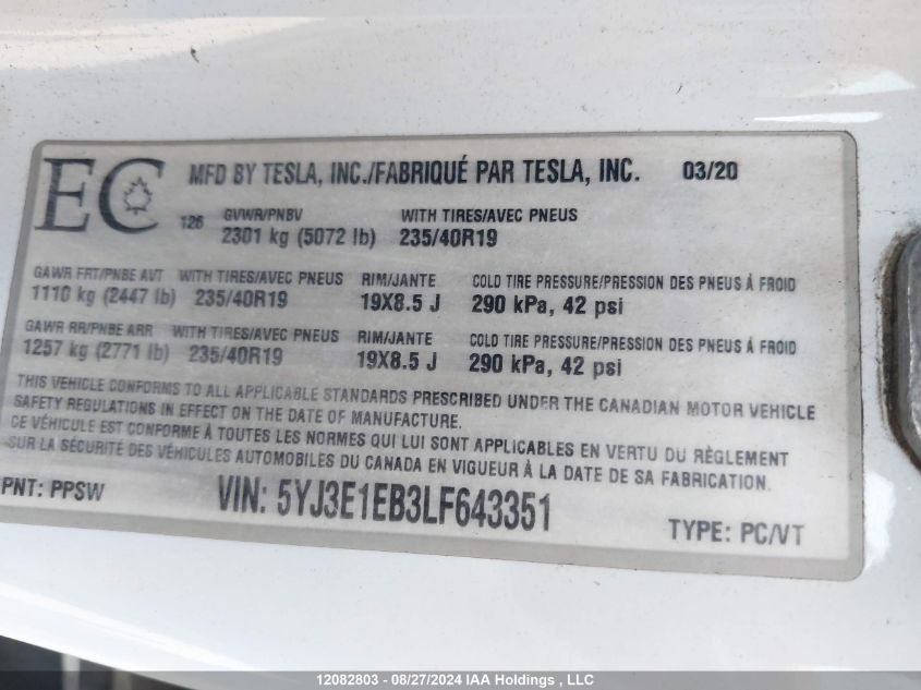 2020 Tesla Model 3 VIN: 5YJ3E1EB3LF643351 Lot: 12082803