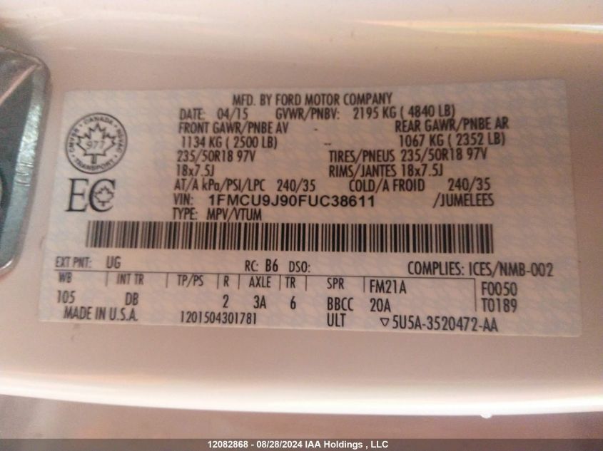 2015 Ford Escape Titanium VIN: 1FMCU9J90FUC38611 Lot: 12082868