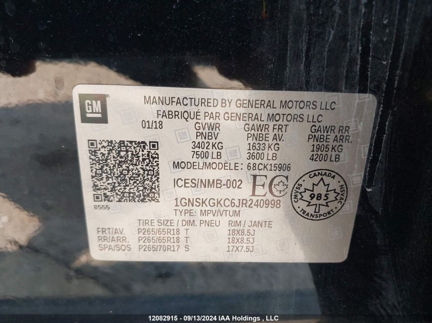 2018 Chevrolet Suburban VIN: 1GNSKGKC6JR240998 Lot: 12082915