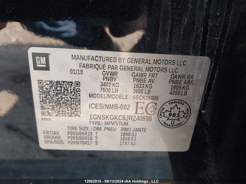 2018 Chevrolet Suburban VIN: 1GNSKGKC6JR240998 Lot: 12082915
