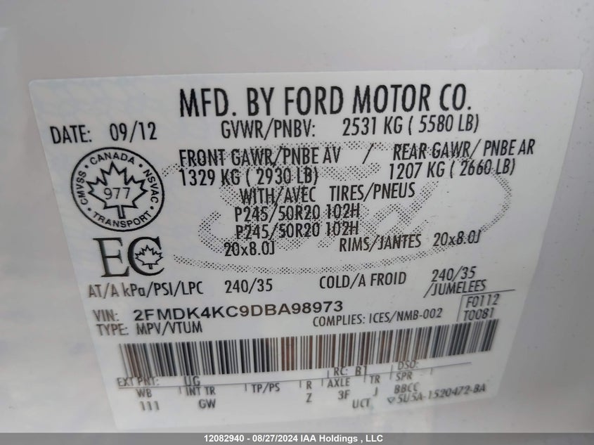 2013 Ford Edge Limited VIN: 2FMDK4KC9DBA98973 Lot: 12082940