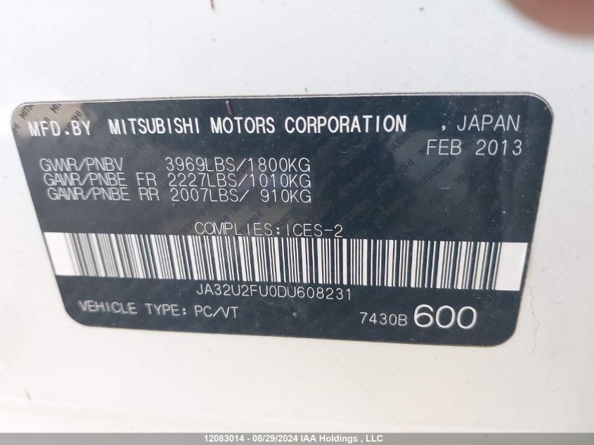 2013 Mitsubishi Lancer VIN: JA32U2FU0DU608231 Lot: 12083014