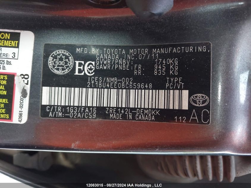 2011 Toyota Corolla S/Le VIN: 2T1BU4EE0BC659648 Lot: 12083015