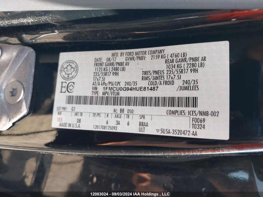 2017 Ford Escape Se VIN: 1FMCU0G94HUE81487 Lot: 12083024