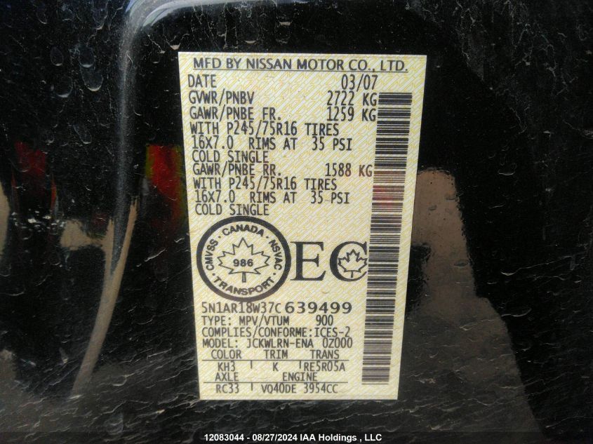 2007 Nissan Pathfinder Le/Se/Xe VIN: 5N1AR18W37C639499 Lot: 12083044