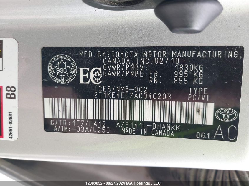 2T1KE4EE7AC040203 2010 Toyota Matrix Xr