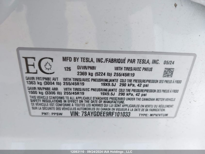 2024 Tesla Model Y VIN: 7SAYGDEE9RF101033 Lot: 12083110