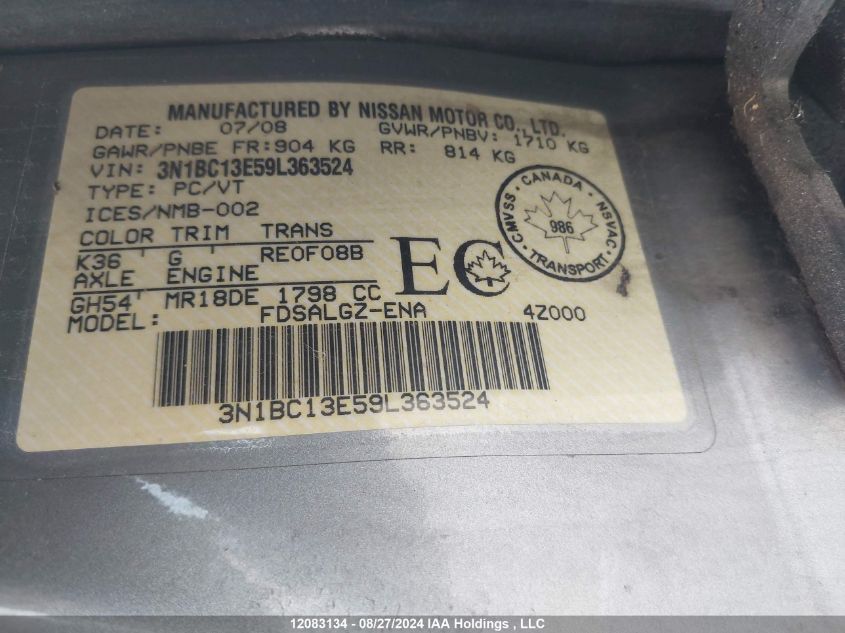 2009 Nissan Versa S/Sl VIN: 3N1BC13E59L363524 Lot: 12083134