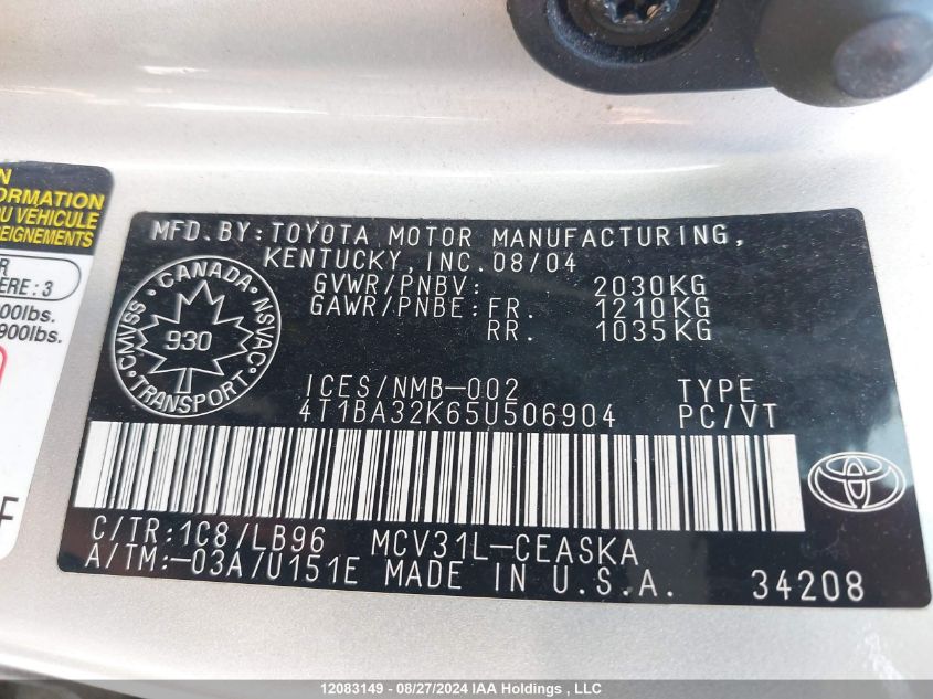 4T1BA32K65U506904 2005 Toyota Camry Se