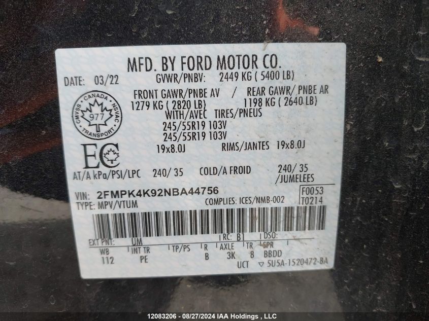 2022 Ford Edge Titanium VIN: 2FMPK4K92NBA44756 Lot: 12083206