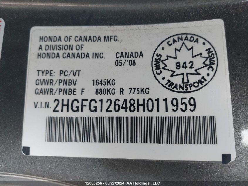 2HGFG12648H011959 2008 Honda Civic Cpe