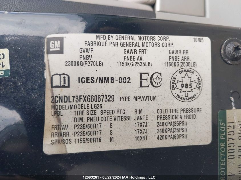 2006 Chevrolet Equinox VIN: 2CNDL73FX66067329 Lot: 12083261