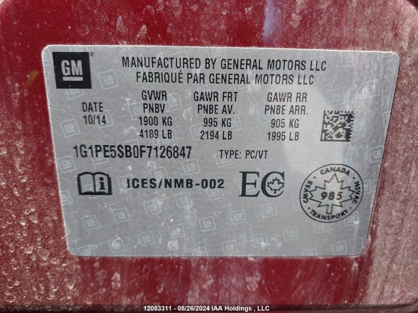 2015 Chevrolet Cruze VIN: 1G1PE5SB0F7126847 Lot: 12083311