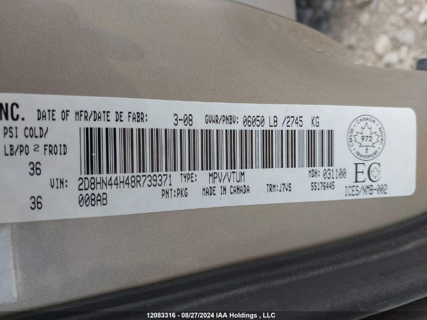 2008 Dodge Grand Caravan Se VIN: 2D8HN44H48R739371 Lot: 12083316