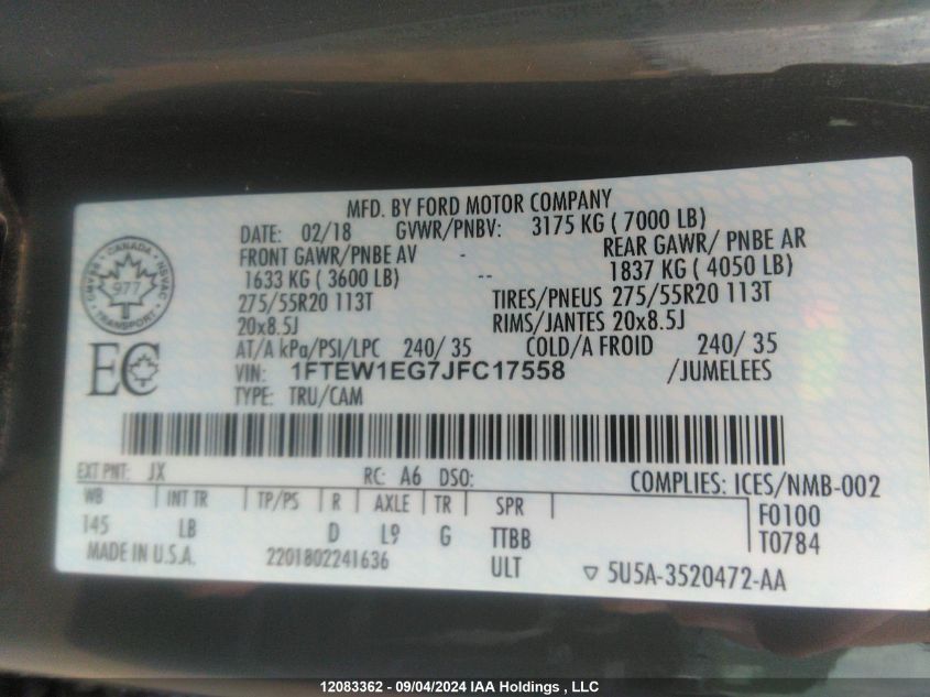 1FTEW1EG7JFC17558 2018 Ford F150 Supercrew