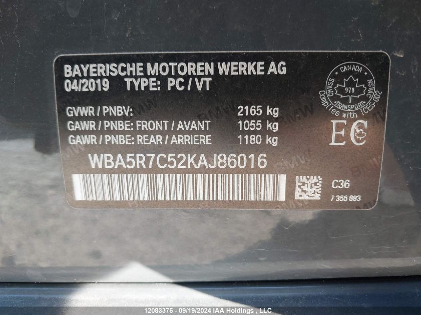 2019 BMW 330I xDrive VIN: WBA5R7C52KAJ86016 Lot: 12083375