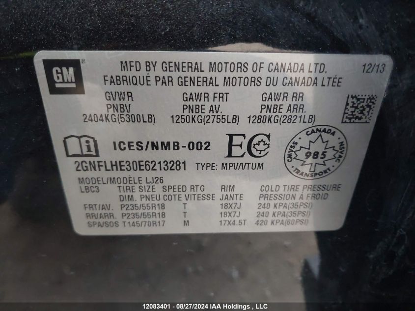 2014 Chevrolet Equinox VIN: 2GNFLHE30E6213281 Lot: 12083401