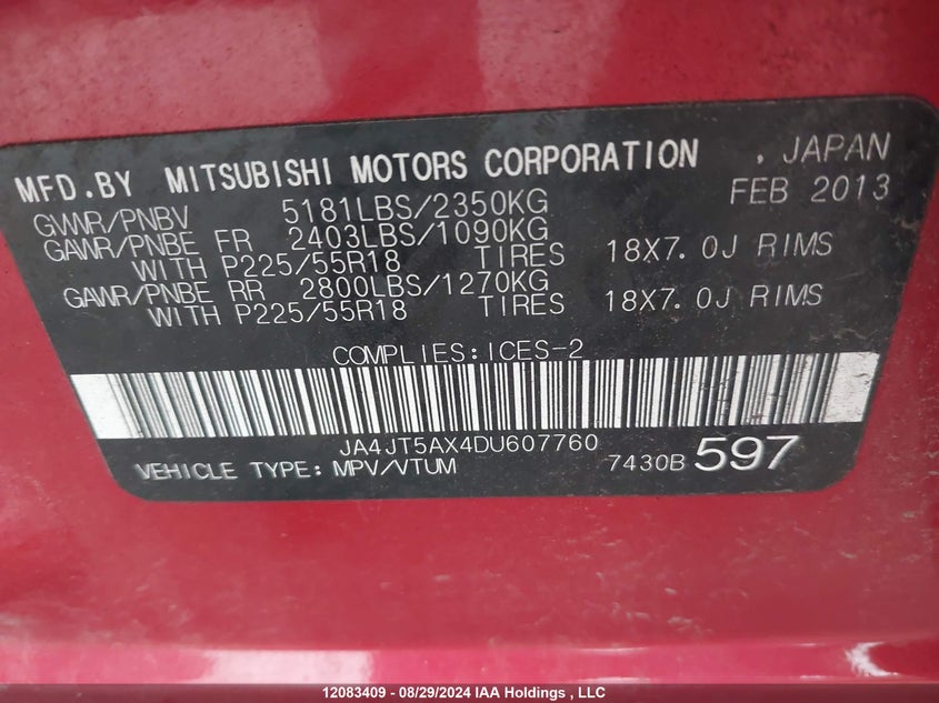 2013 Mitsubishi Outlander VIN: JA4JT5AX4DU607760 Lot: 12083409