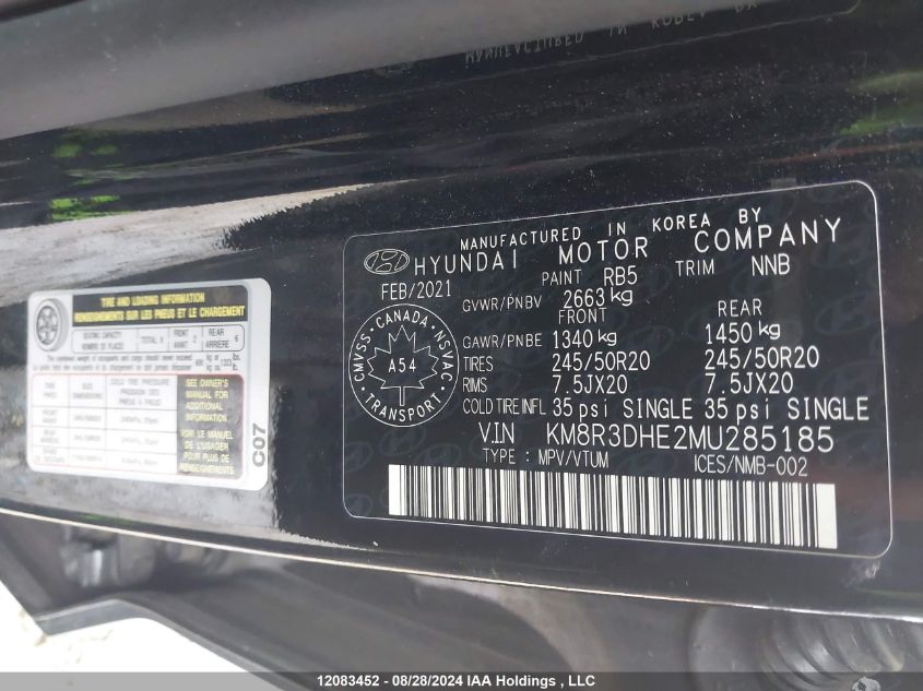 2021 Hyundai Palisade Sel VIN: KM8R3DHE2MU285185 Lot: 12083452