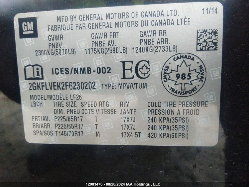 2015 GMC Terrain VIN: 2GKFLVEK2F6230202 Lot: 12083470