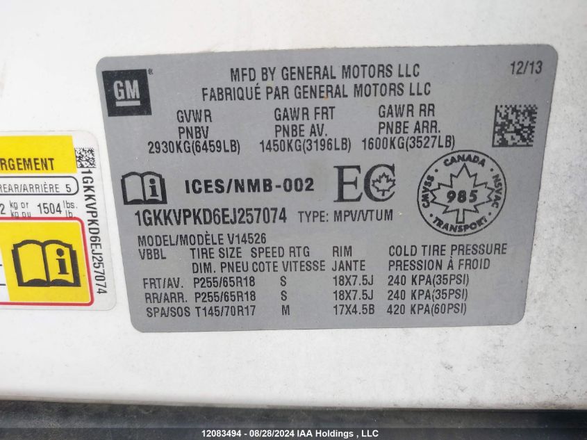 2014 GMC Acadia VIN: 1GKKVPKD6EJ257074 Lot: 12083494