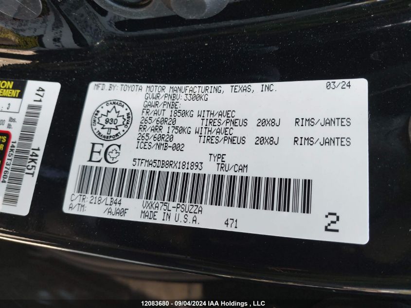 2024 Toyota Tundra VIN: 5TFMA5DB8RX181893 Lot: 12083680