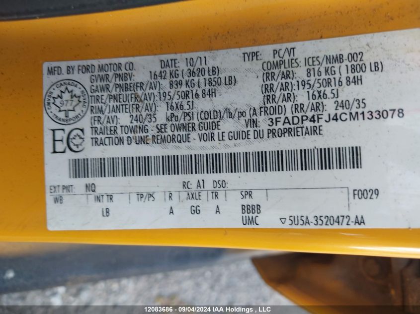 2012 Ford Fiesta Ses VIN: 3FADP4FJ4CM133078 Lot: 12083686