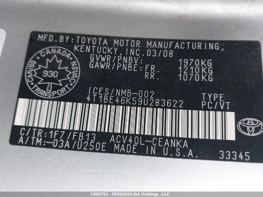 2009 Toyota Camry Le VIN: 4T1BE46K59U283622 Lot: 12083703