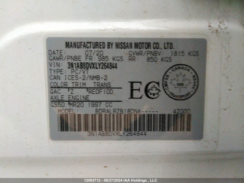 2020 Nissan Sentra VIN: 3N1AB8DVXLY264844 Lot: 12083712