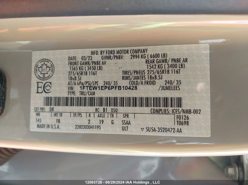 2023 Ford F-150 Xlt VIN: 1FTEW1EP6PFB10428 Lot: 12083728