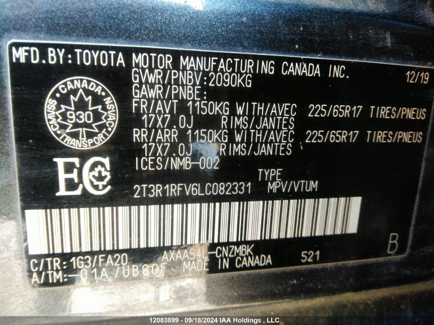 2020 Toyota Rav4 Xle VIN: 2T3R1RFV6LC082331 Lot: 12083899