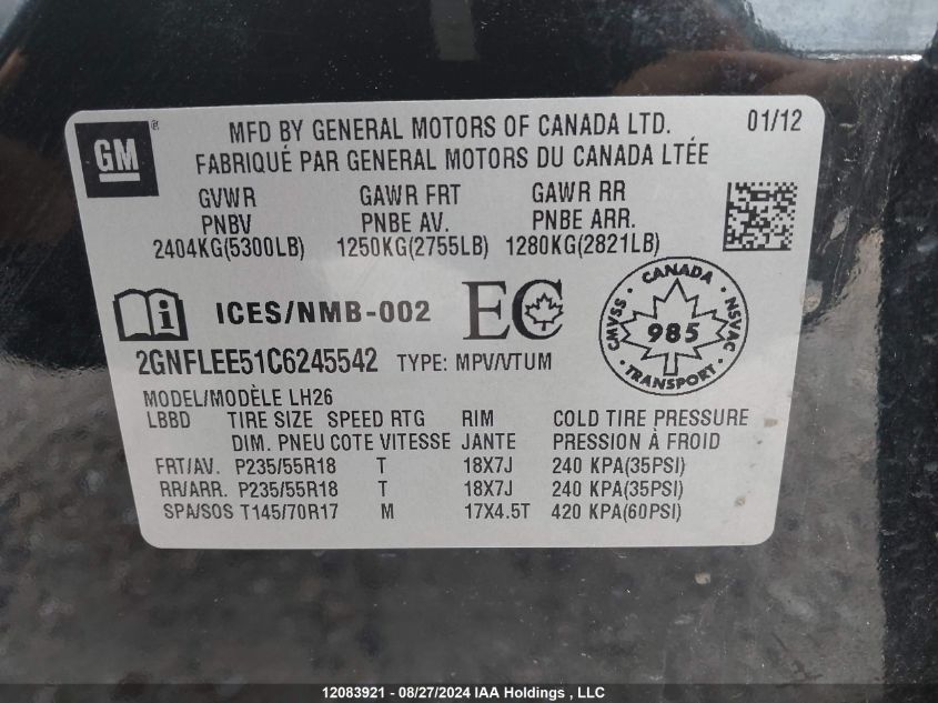 2012 Chevrolet Equinox VIN: 2GNFLEE51C6245542 Lot: 12083921