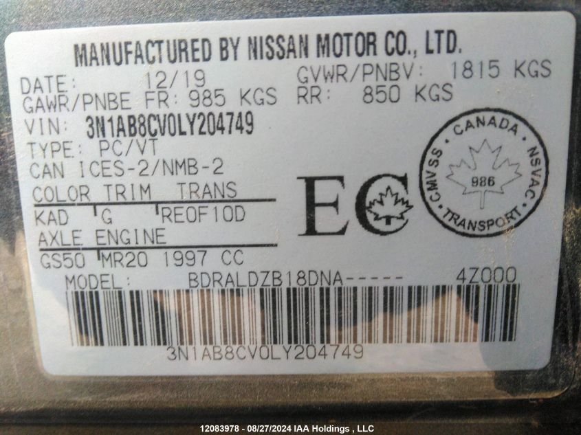 2020 Nissan Sentra VIN: 3N1AB8CV0LY204749 Lot: 12083978