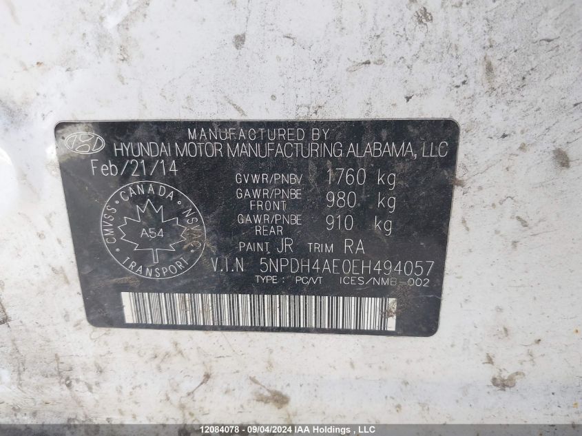 2014 Hyundai Elantra Gl VIN: 5NPDH4AE0EH494057 Lot: 12084078