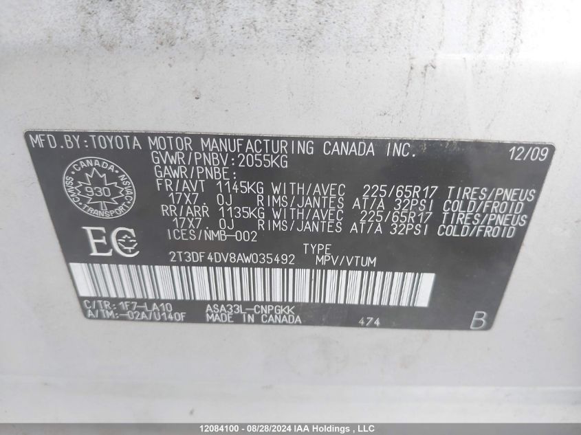 2010 Toyota Rav4 Limited VIN: 2T3DF4DV8AW035492 Lot: 12084100