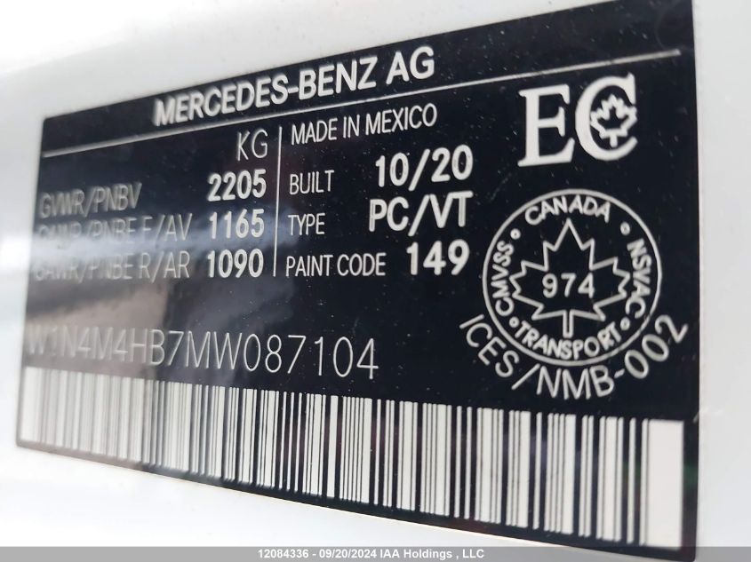 2021 Mercedes-Benz Glb VIN: W1N4M4HB7MW087104 Lot: 12084336