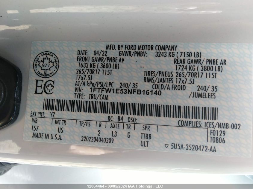 2022 Ford F-150 VIN: 1FTFW1E53NFB16140 Lot: 12084464